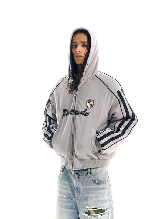 EXITMODE BY BLIND NO PLAN Sport Stripe Sleeve Hooded Bomber Jacket | Face 3 Face