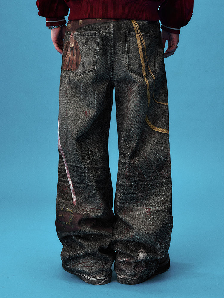 YADcrew Knight Sword Print Baggy Jeans | Face 3 Face