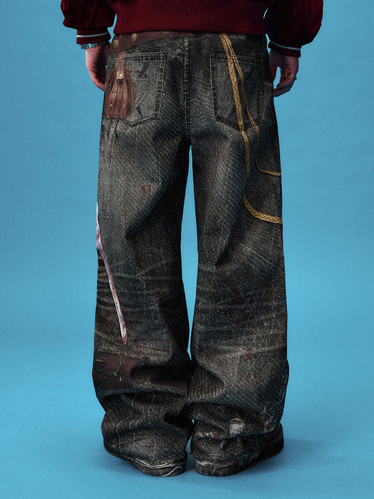 YADcrew Knight Sword Print Baggy Jeans | Face 3 Face