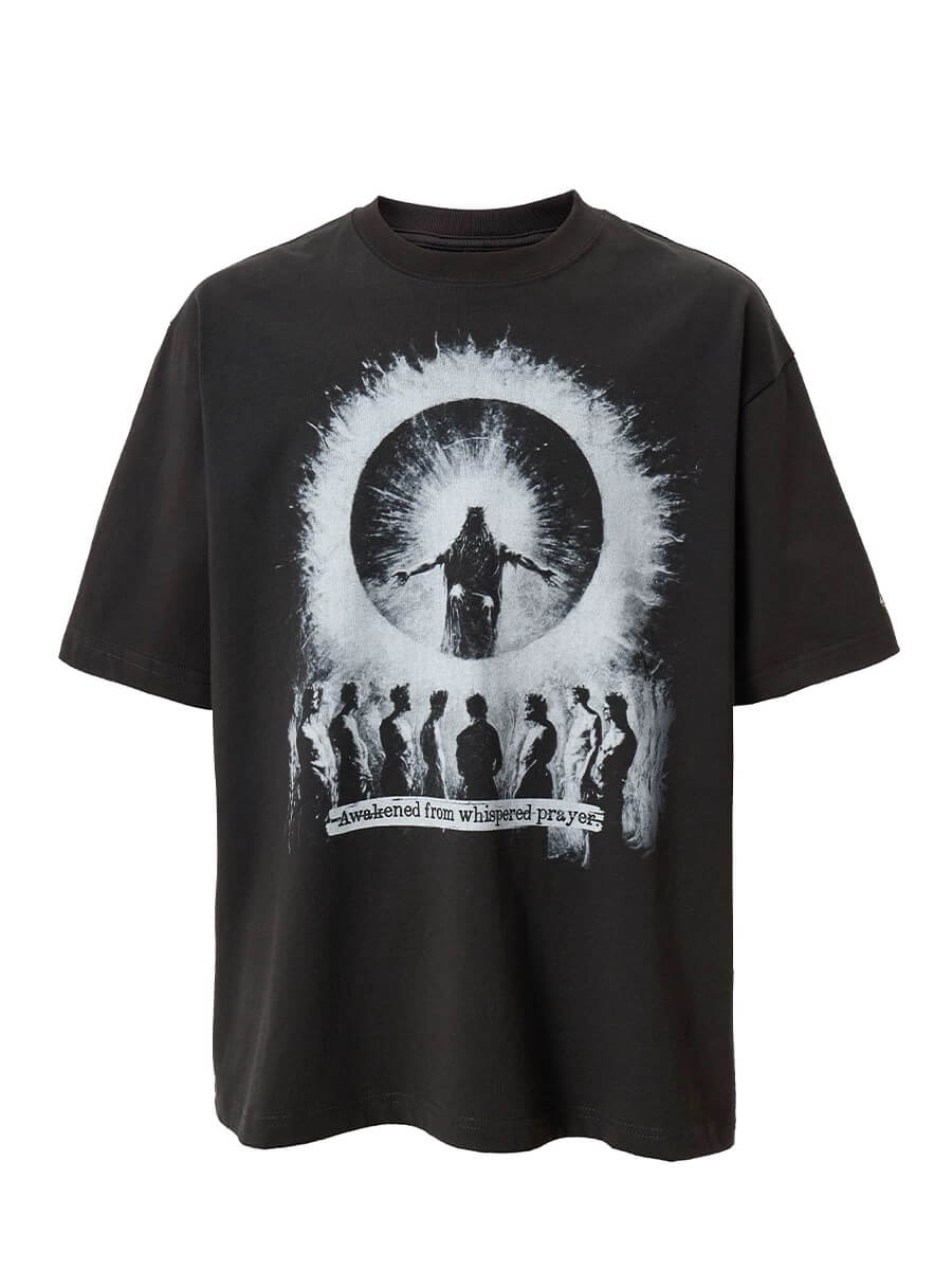 F2CE Praying Figure Silhouette Print Washed Distressed Short Sleeve Tee | Face 3 Face