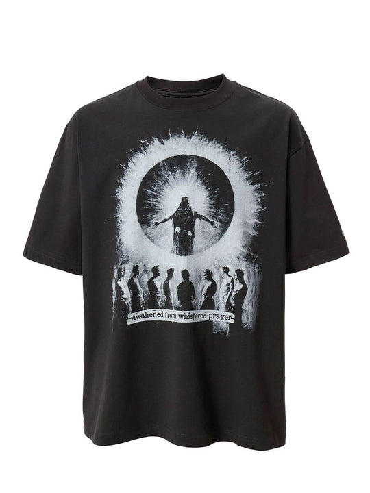 F2CE Praying Figure Silhouette Print Washed Distressed Short Sleeve Tee | Face 3 Face