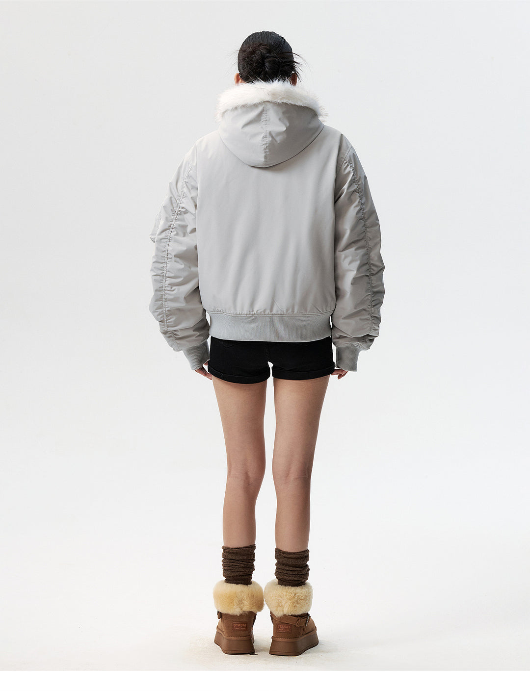 MEDM Animal Logo Patch Fur Hooded Bomber Jacket | Face 3 Face