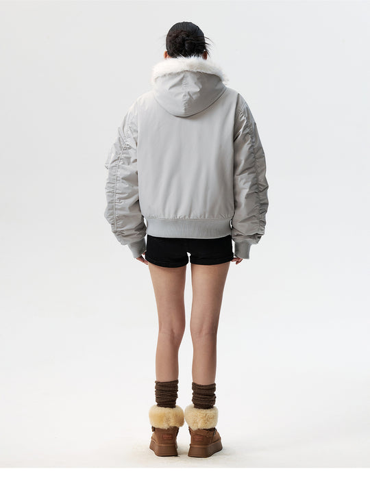 MEDM Animal Logo Patch Fur Hooded Bomber Jacket | Face 3 Face