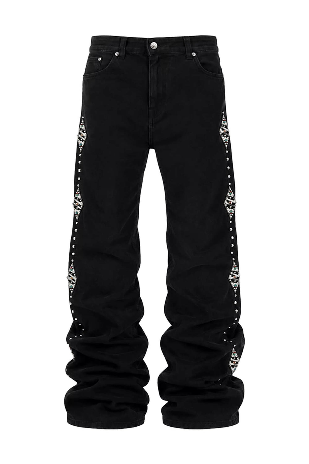 KARMANISTIC Studded Crystal and Leather Side Design Black Jeans | Face 3 Face