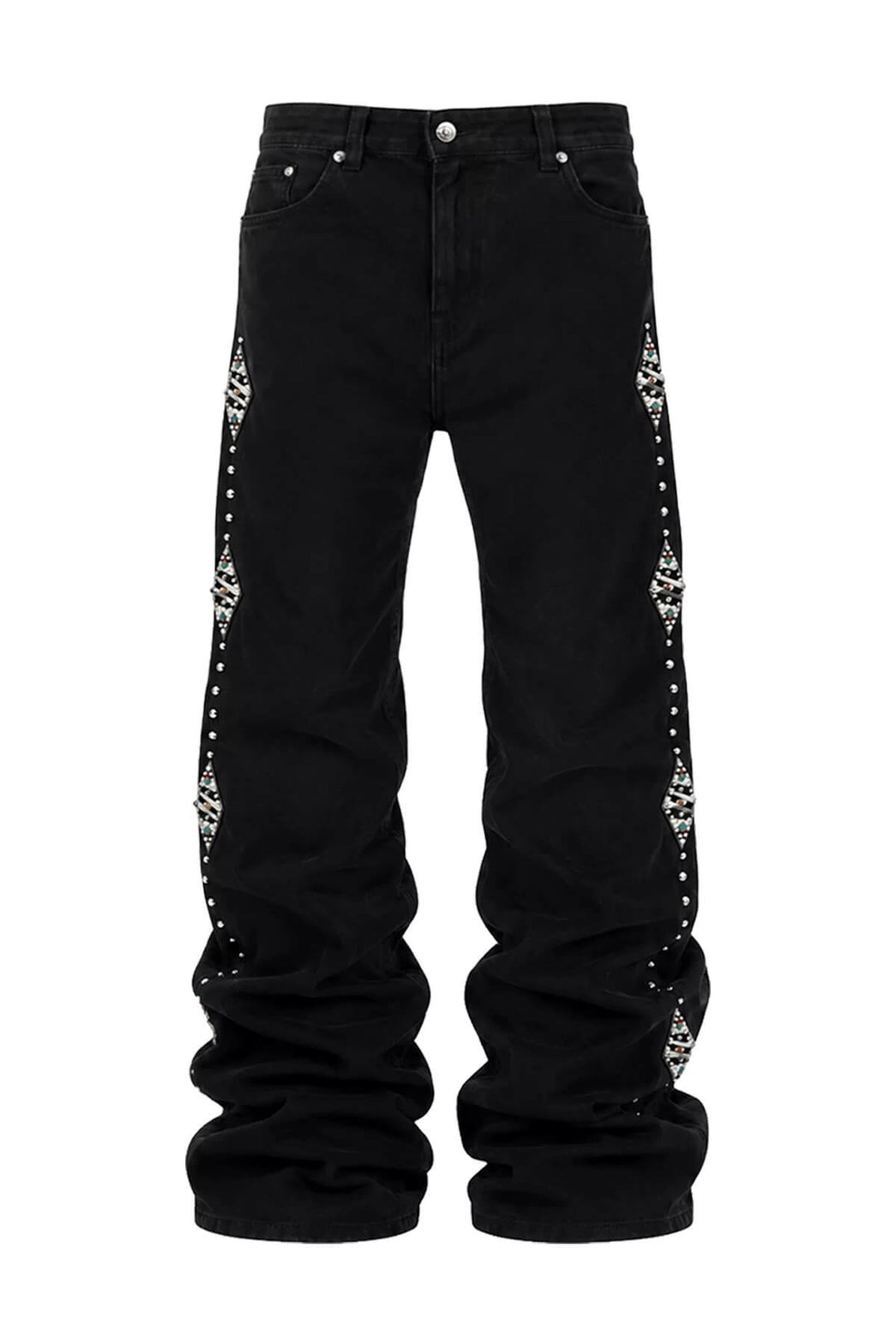 KARMANISTIC Studded Crystal and Leather Side Design Black Jeans | Face 3 Face
