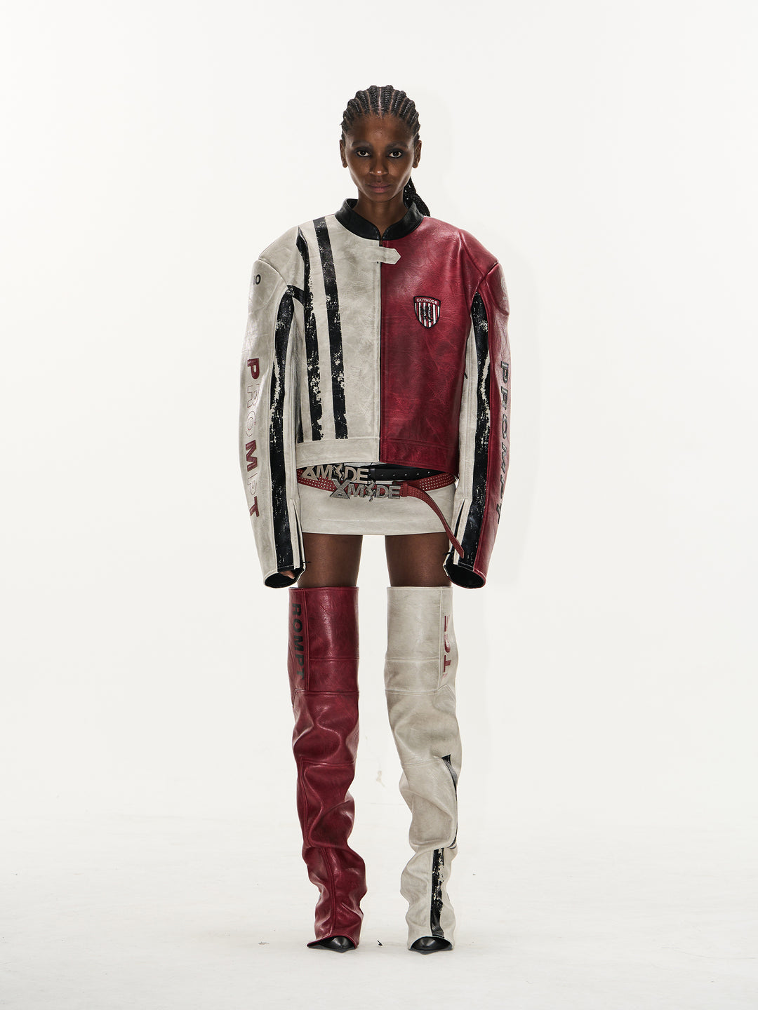 BLIND NO PLAN Distressed Leather Contrast Racing Jacket | Face 3 Face