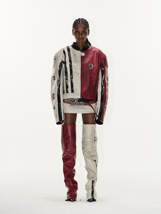 BLIND NO PLAN Distressed Leather Contrast Racing Jacket | Face 3 Face