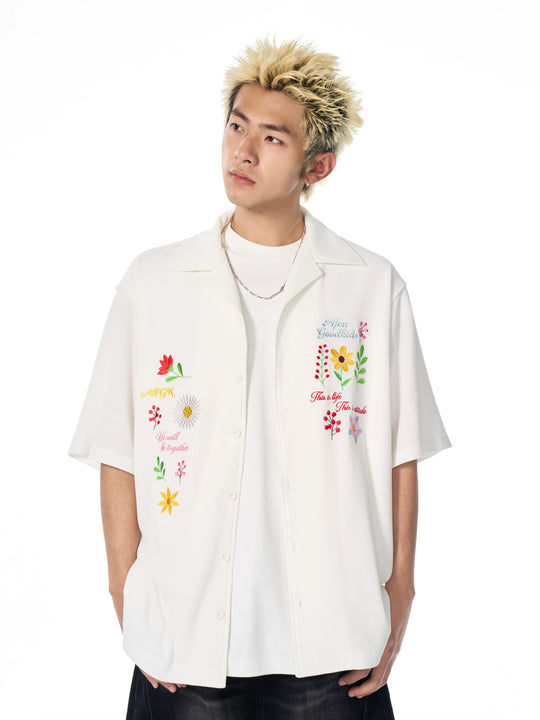 AFGK Floral Embroidered Waffle Short Sleeve Shirt | Face 3 Face
