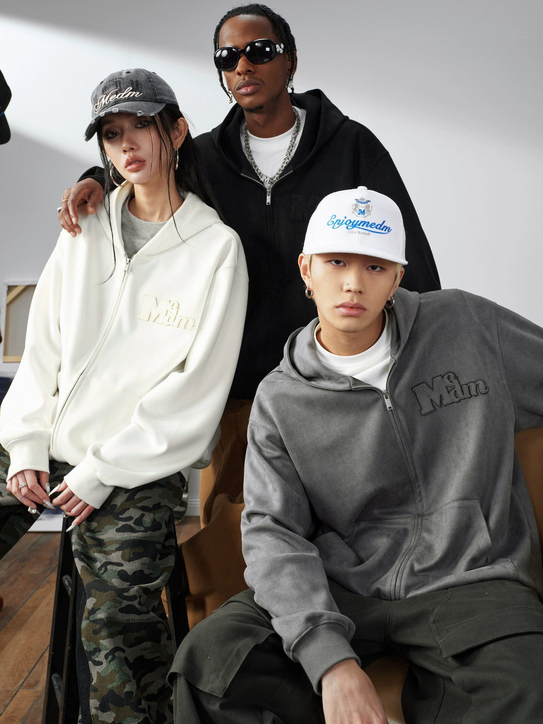 MEDM Suede Logo Patch Zip-Up Hoodie | Face 3 Face