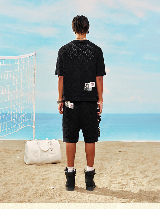 MEDM x STK Patch Embroidery Open Knit Short Sleeve Shirt | Face 3 Face