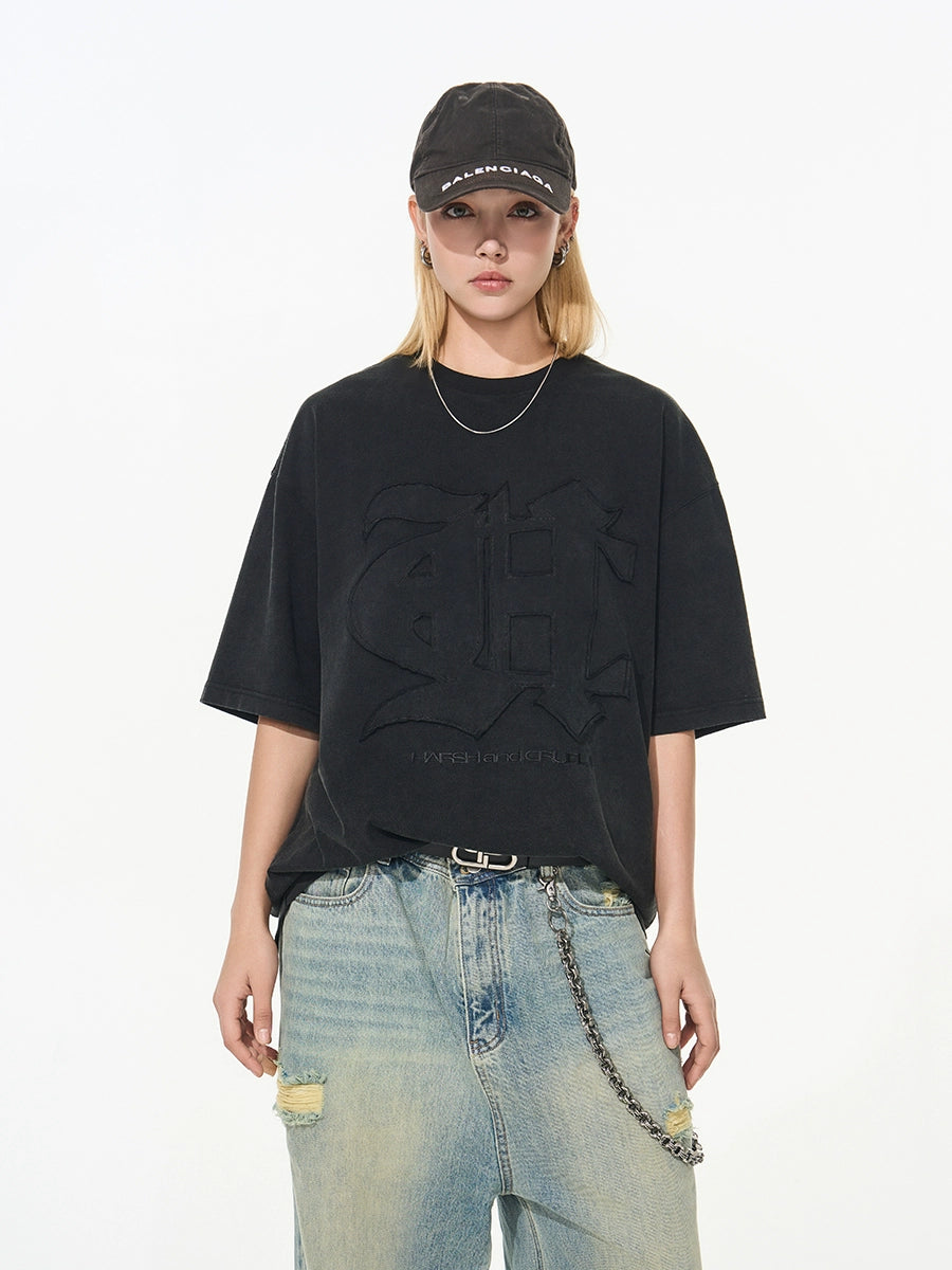 Harsh and Cruel 3D Gothic Embroidery Washed Tee