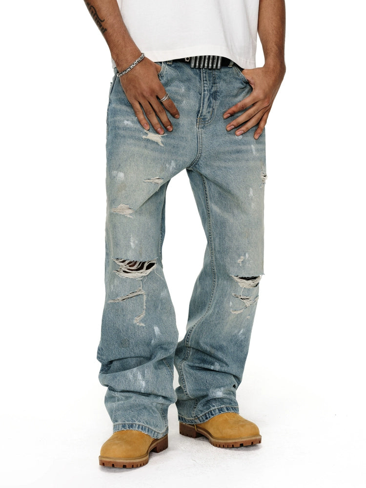 ANTIDOTE Washed Ripped Holes Light Blue Flared Jeans | Face 3 Face