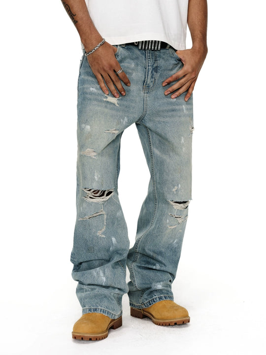 ANTIDOTE Washed Ripped Holes Light Blue Flared Jeans | Face 3 Face