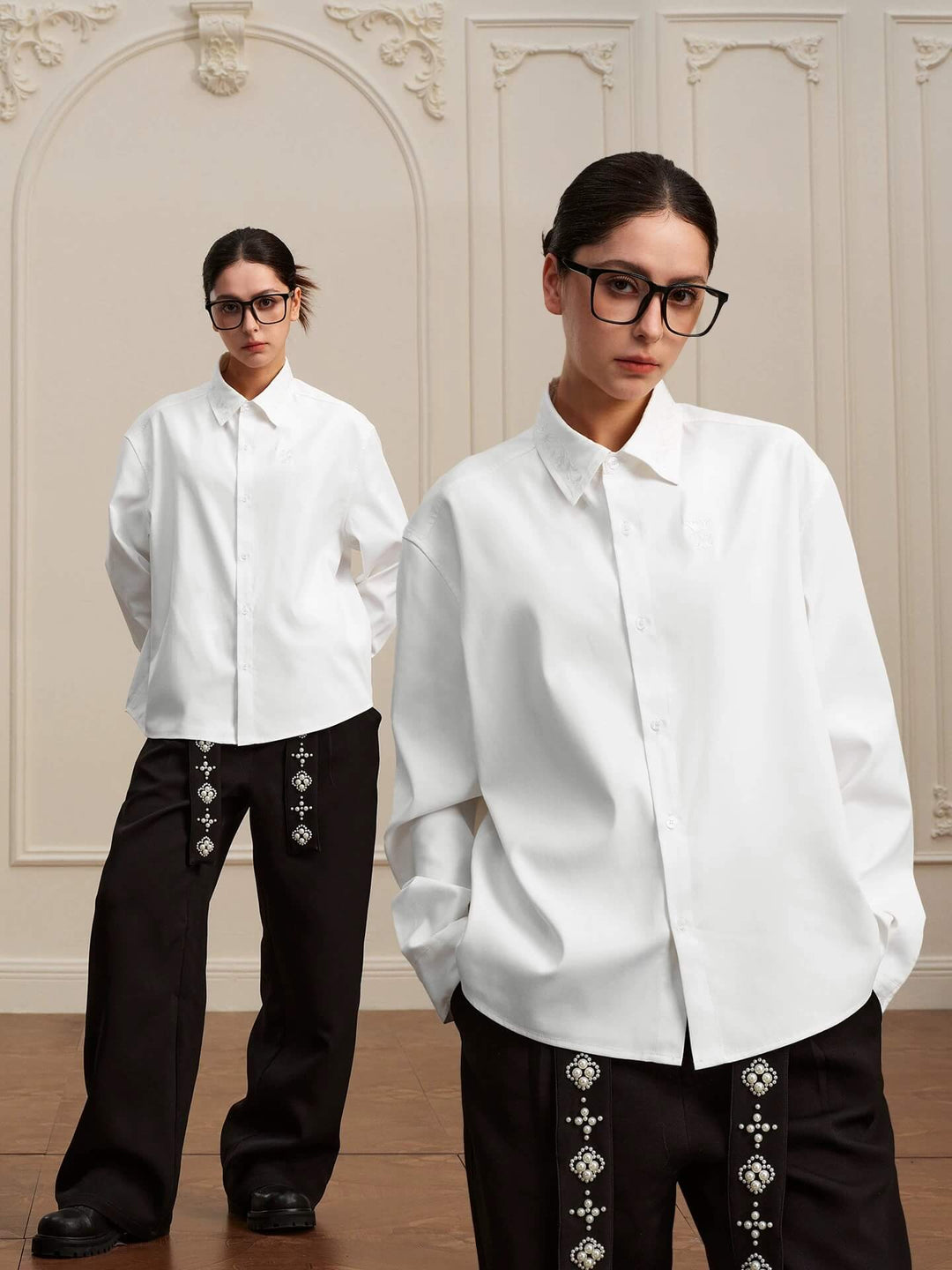 YADcrew Embroidered Lapel Button Up Long Sleeve Shirt | Face 3 Face