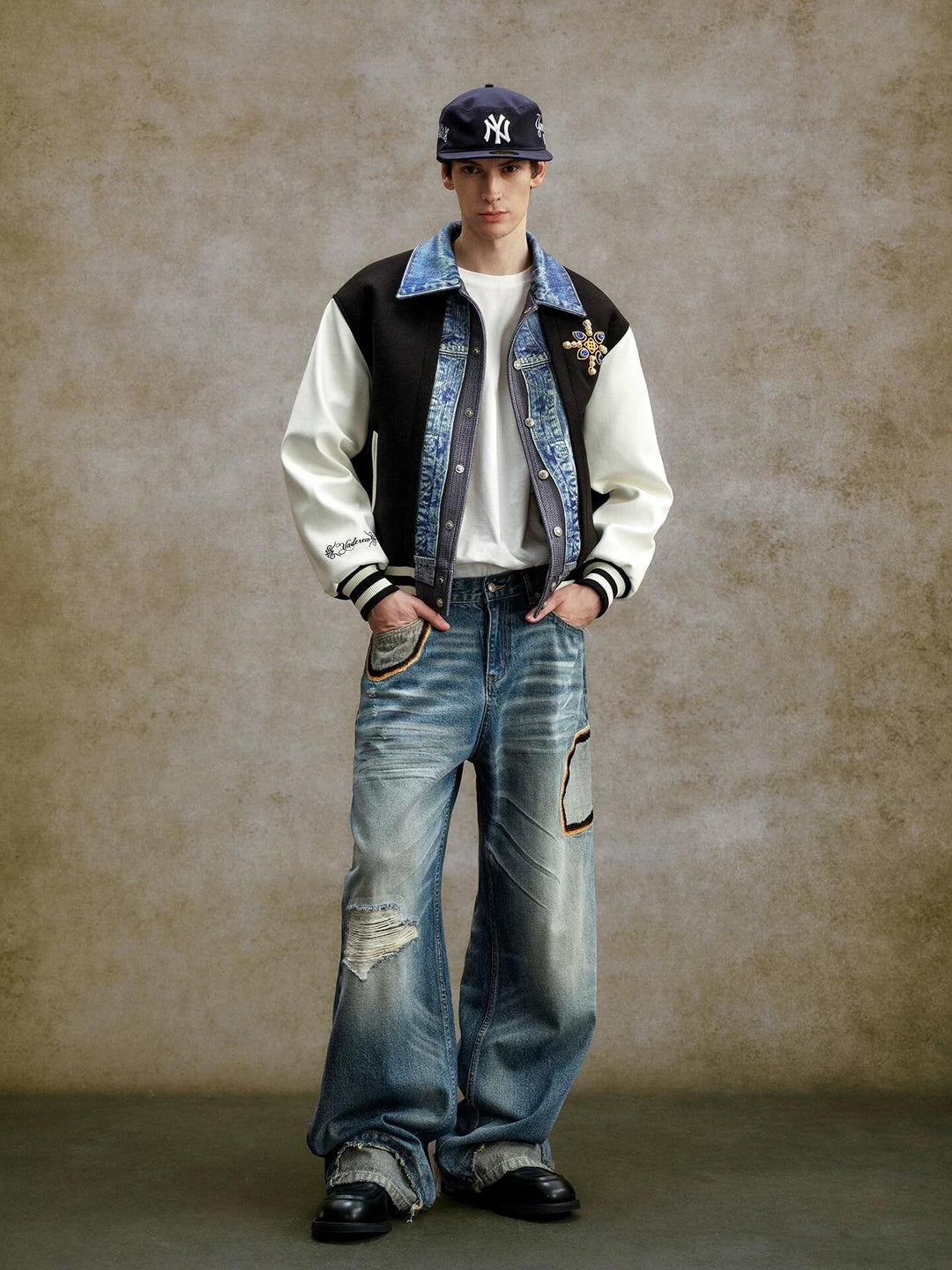 YADcrew Scorched Embroidery Washed Distressed Whisker Jeans | Face 3 Face