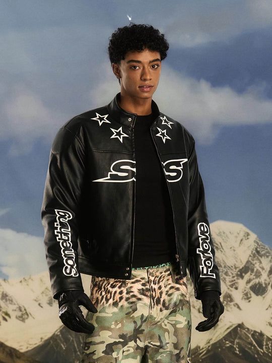 S45 Star Print PU Leather Leopard Lined Biker Jacket | Face 3 Face