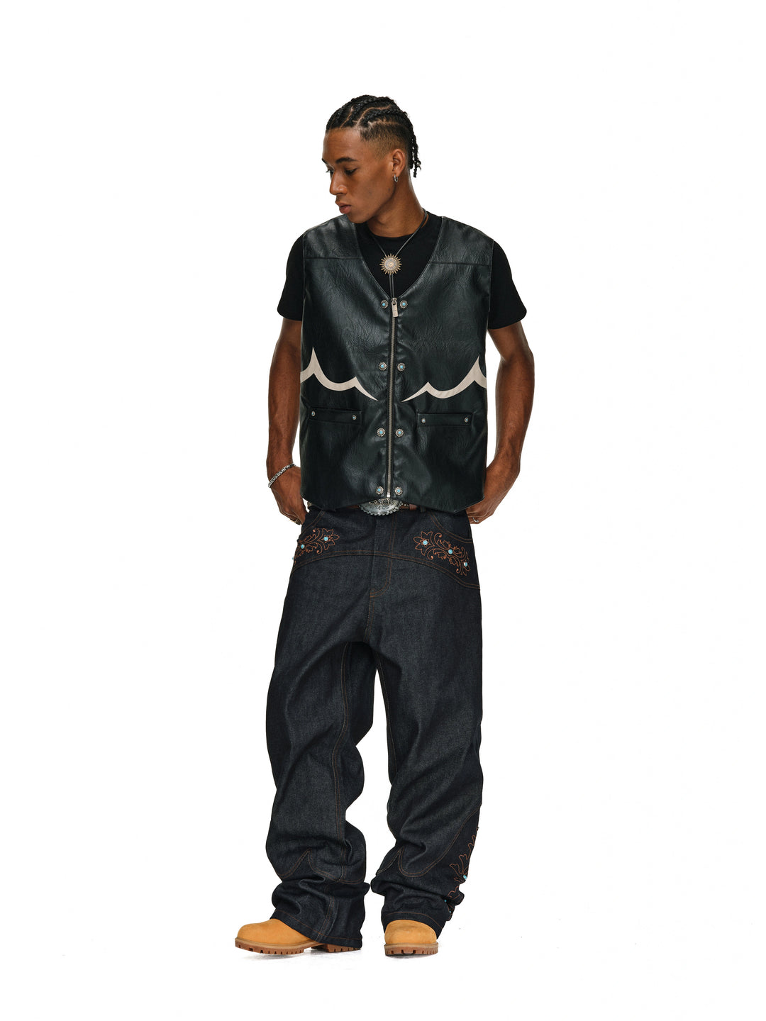 ANTIDOTE Turquoise Studded Western PU Leather Biker Vest | Face 3 Face