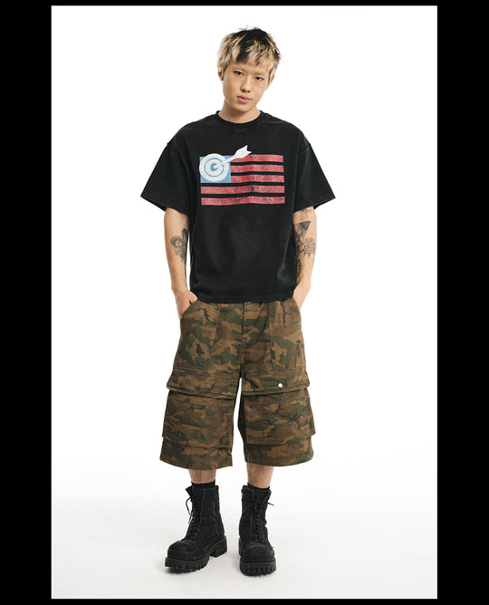 NOVACAM Washed Backstitch Vintage Print Black & Camouflage Tee | Face 3 Face