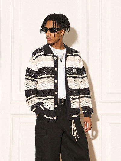 EMPTY REFERENCE Woven Striped Knit Cardigan
