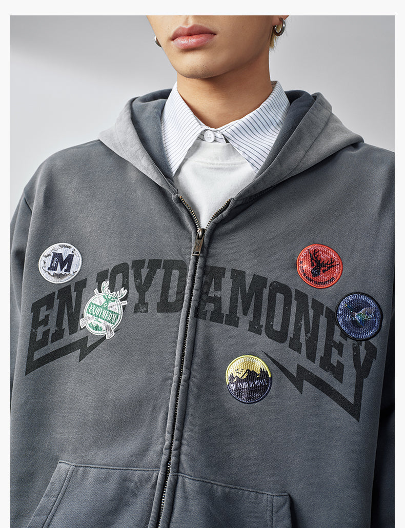 MEDM Gradient Washed Logo Print Embroidered Patch Zip-Up Hoodie | Face 3 Face