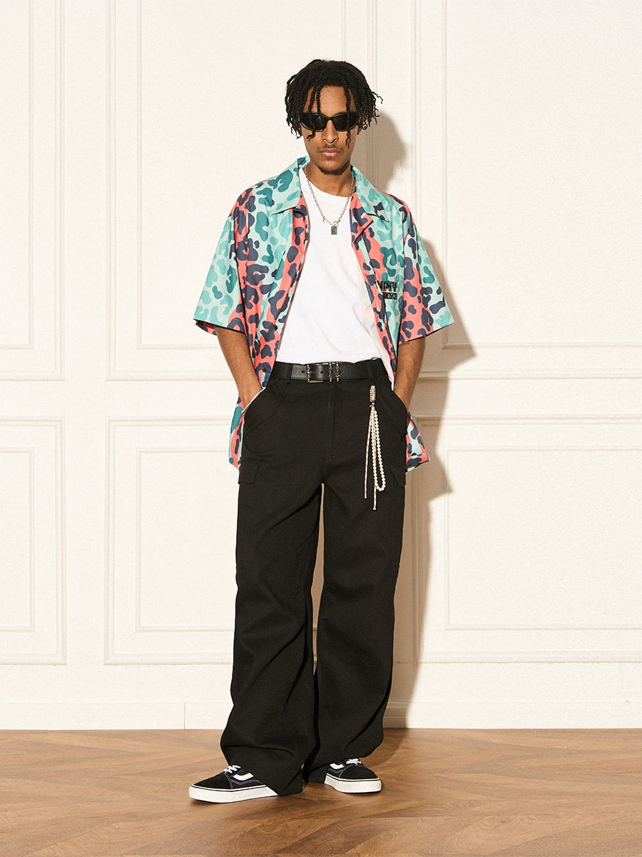 EMPTY REFERENCE Color Clash Leopard Print Short Sleeve Shirt