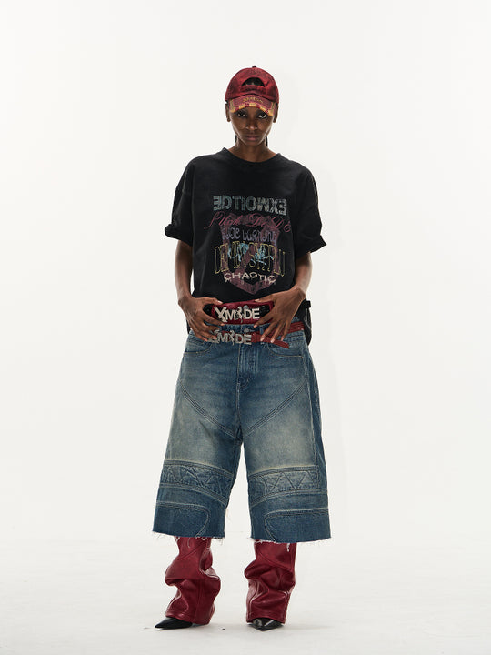 BLIND NO PLAN Washed and Aged Biker Denim Baggy Shorts | Face 3 Face