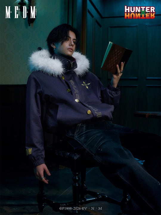 MEDM × HUNTER×HUNTER Kuroro Inverted Cross Patch Faux Fur Hood Quilted Jacket