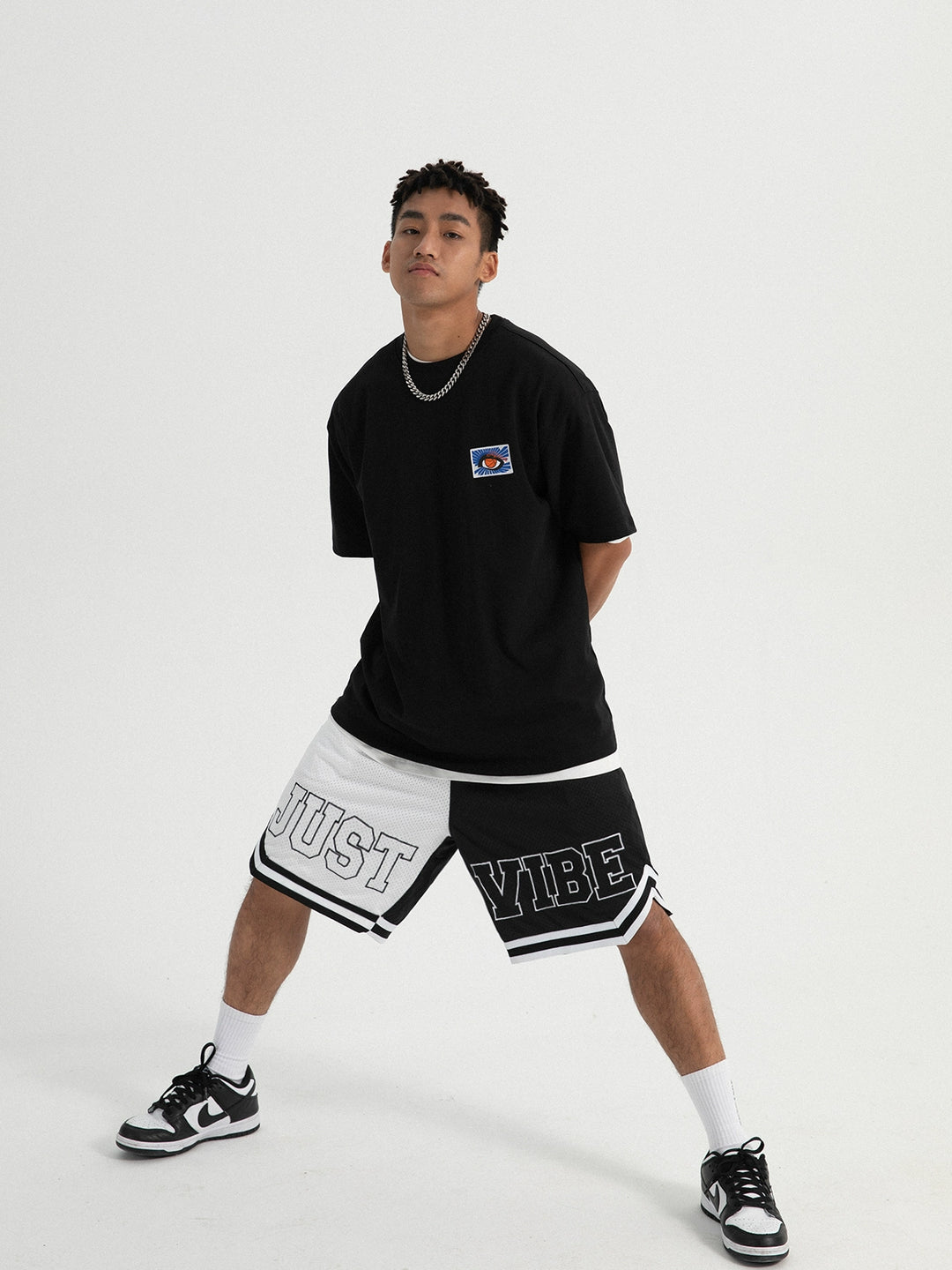 JUST VIBE Black White Asymmetric Mesh Basketball Shorts | Face 3 Face
