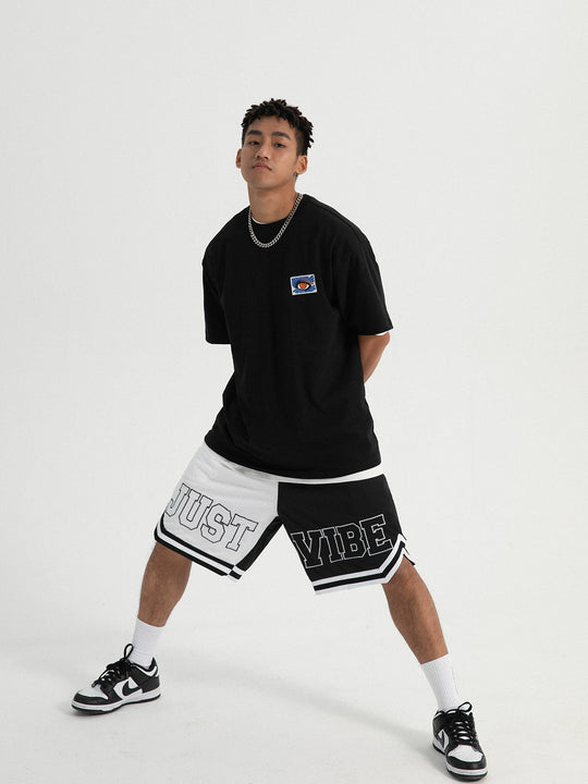 JUST VIBE Black White Asymmetric Mesh Basketball Shorts | Face 3 Face