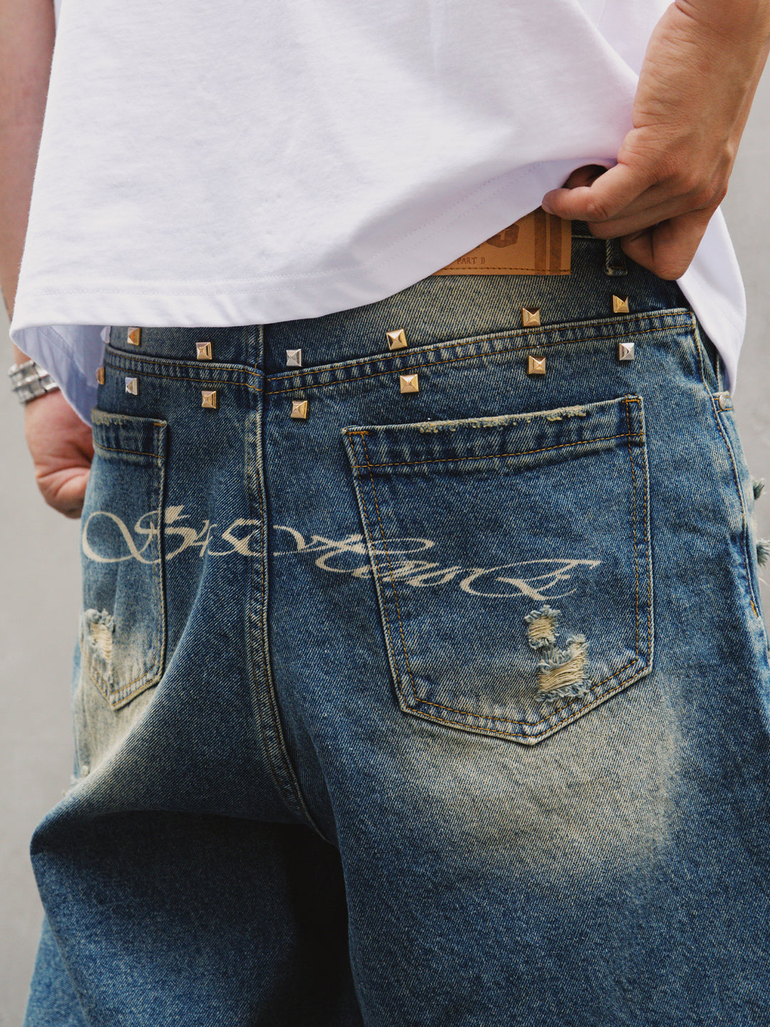 S45 Digital Printed Rivets Ruined Washed Denim Shorts | Face 3 Face
