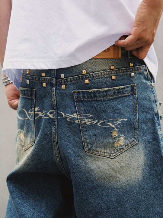 S45 Digital Printed Rivets Ruined Washed Denim Shorts | Face 3 Face