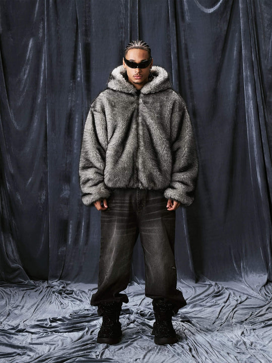 1807 Eco Faux Fur Digital Print Hooded Jacket | Face 3 Face