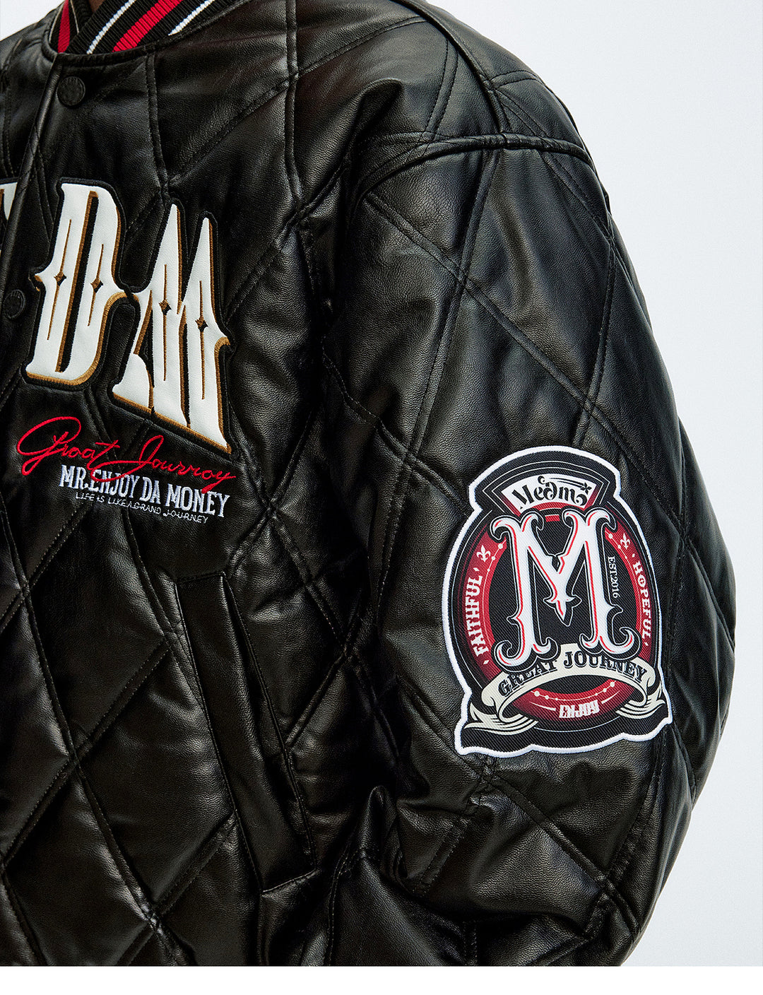 MEDM Diamond Quilted PU Leather Varsity Jacket | Face 3 Face