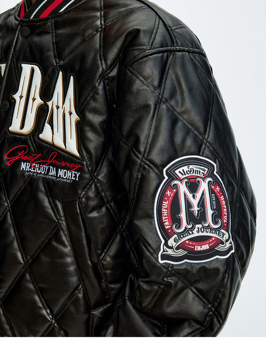 MEDM Diamond Quilted PU Leather Varsity Jacket | Face 3 Face