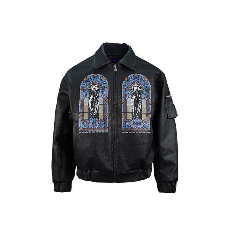 TGFCLUB Embroidered Printed PU Leather Jacket | Face 3 Face