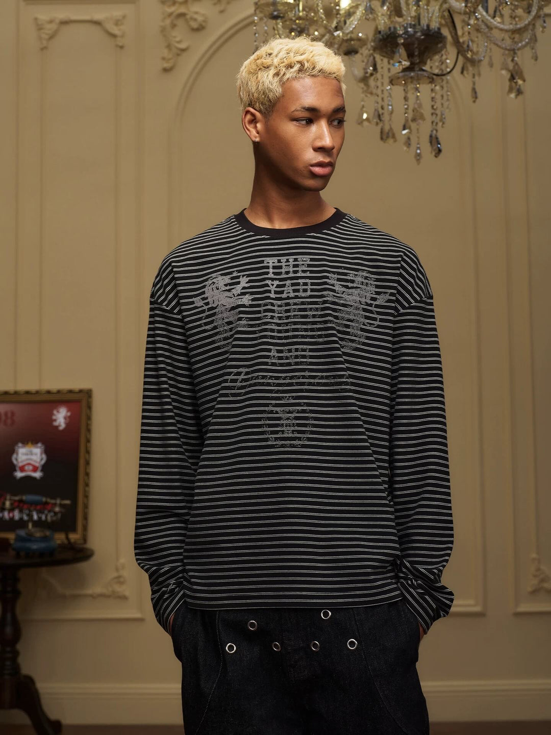 YADcrew Vintage Lion Print Striped Long Sleeve Tee | Face 3 Face
