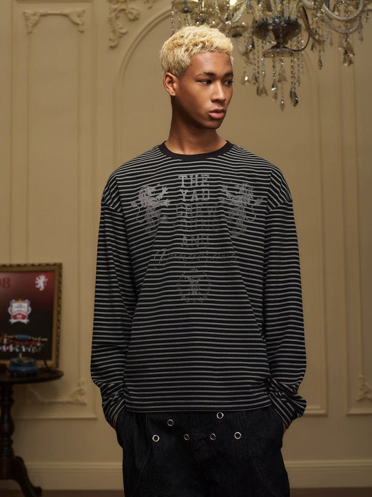 YADcrew Vintage Lion Print Striped Long Sleeve Tee | Face 3 Face