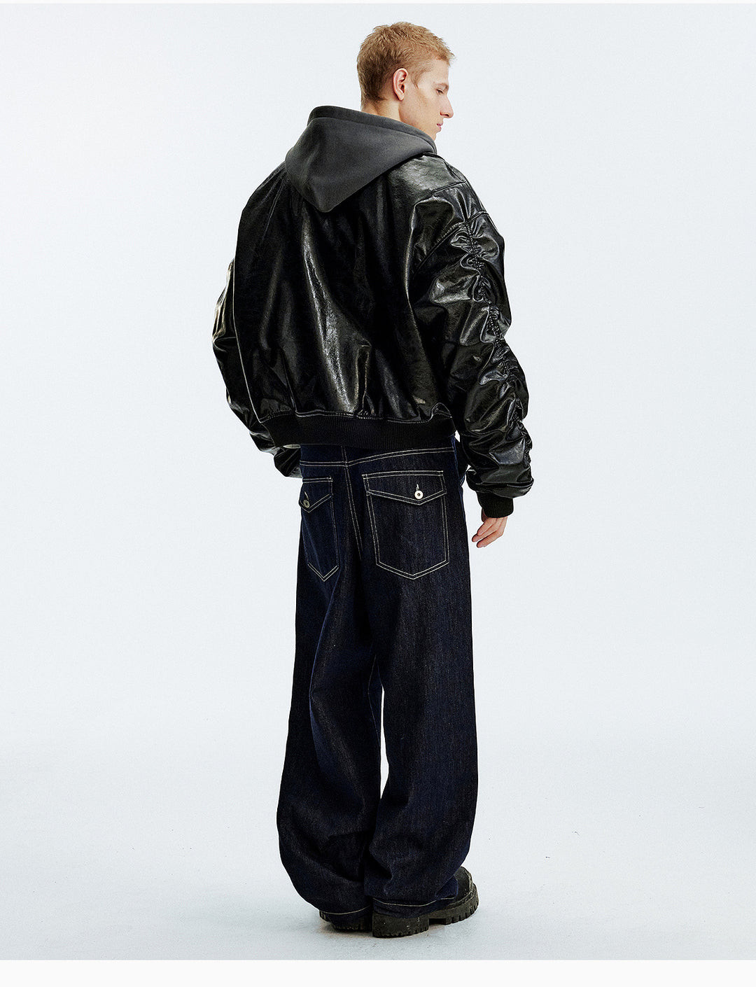 MEDM Layered Hood PU Leather Bomber Jacket | Face 3 Face