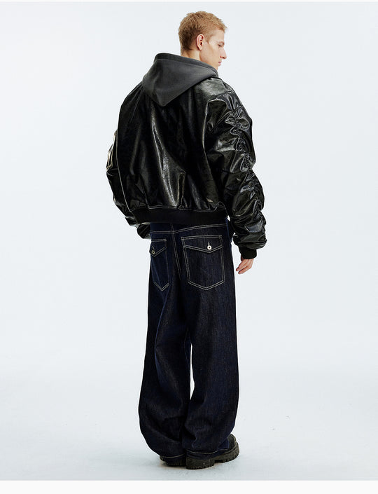 MEDM Layered Hood PU Leather Bomber Jacket | Face 3 Face