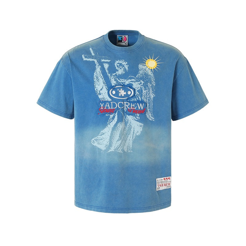 YADcrew Washed & Sprayed Angel Patch Embroidery Print Tee