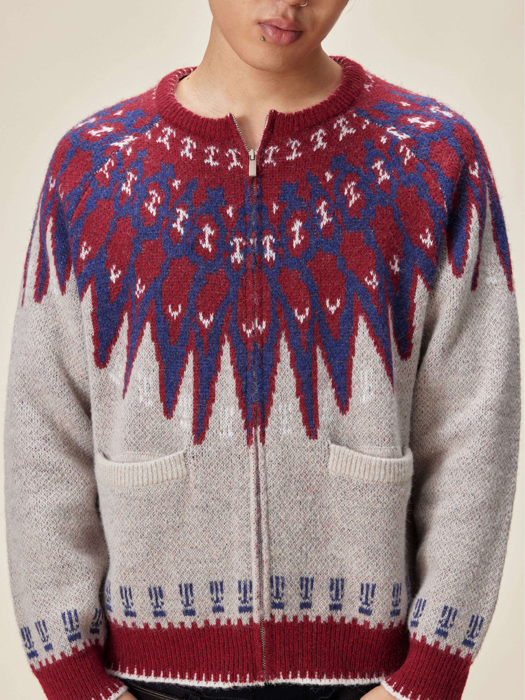 EVILKNIGHT(EK) Ethnic Pattern Knit Zip Up Cardigan