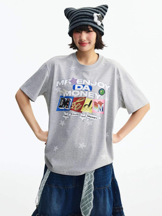 MEDM All Over Star and Graphic Logo Print Short Sleeve Tee | Face 3 Face