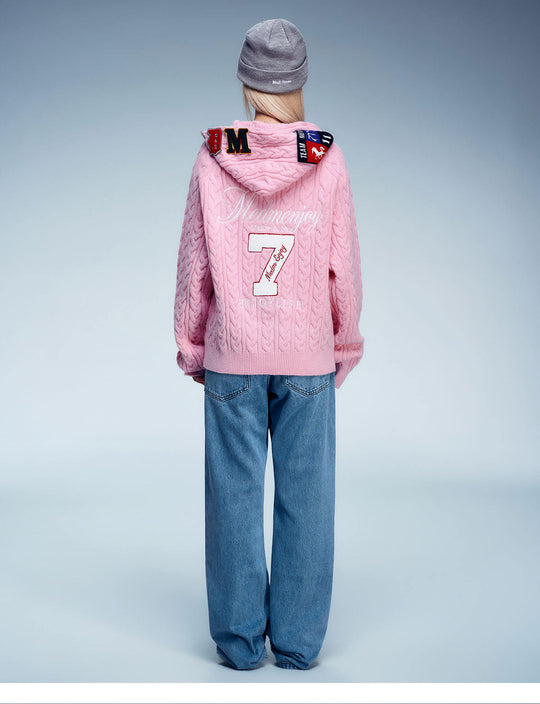 MEDM Patch Applique Zip Up Knit Hoodie | Face 3 Face
