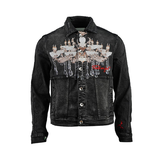 TGFCLUB Chandelier Digital Print Washed Slim Denim Jacket | Face 3 Face