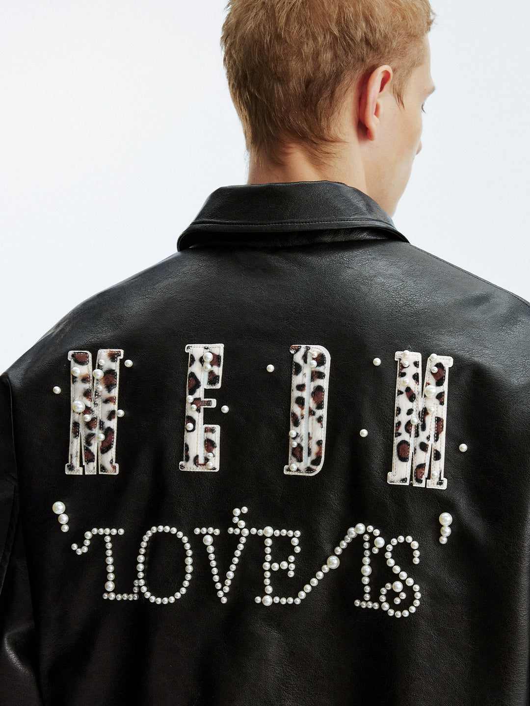 MEDM Leopard Patch Pearl PU Leather Varsity Jacket | Face 3 Face