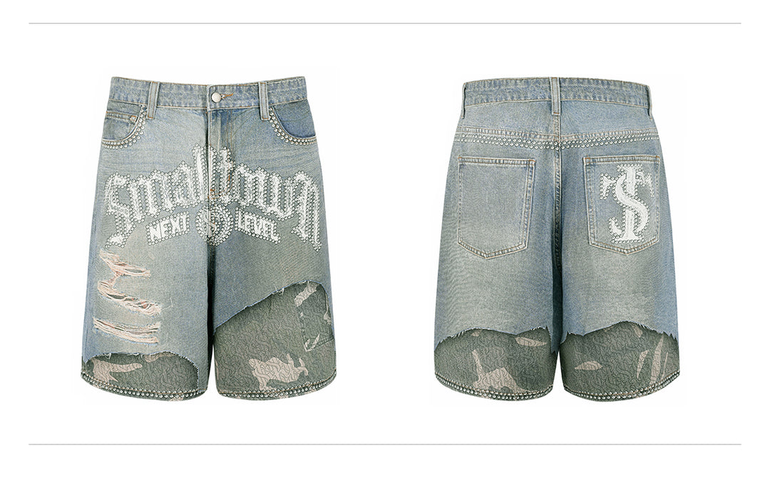 Small Town Kid Rhinestone Destroyed Print Denim Shorts | Face 3 Face