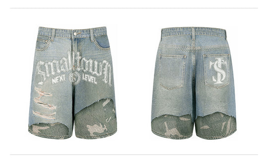 Small Town Kid Rhinestone Destroyed Print Denim Shorts | Face 3 Face