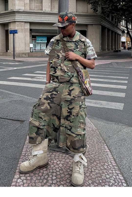 STEEPC M-65 Pearl Embellished Camouflage Baggy Cargo Shorts | Face 3 Face
