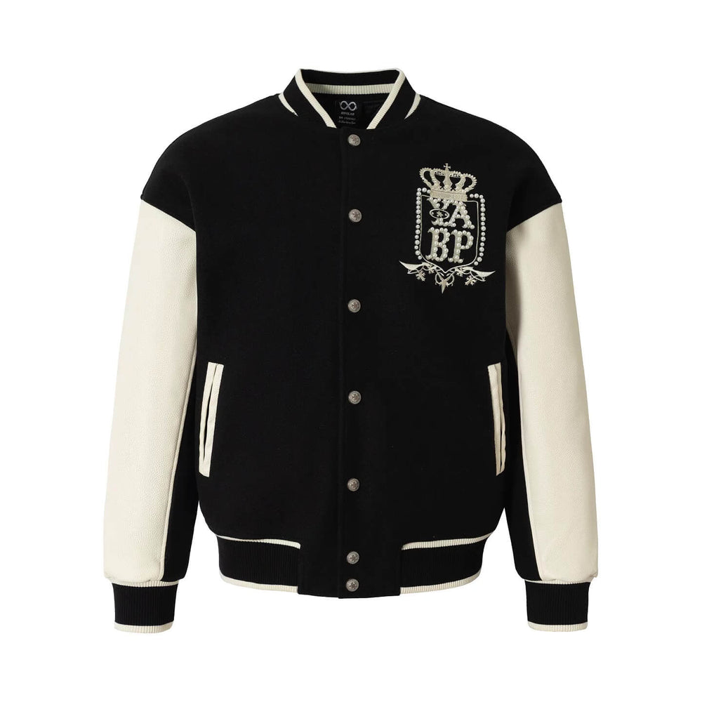 YADcrew x BIPOLAR Embroidered Pearl Beaded Varsity Jacket | Face 3 Face