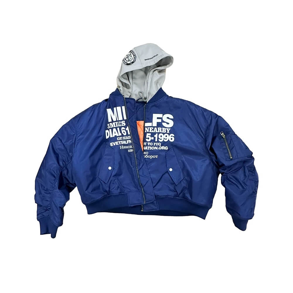 EVETS Blue MA-1 Hooded Bomber Jacket | Face 3 Face